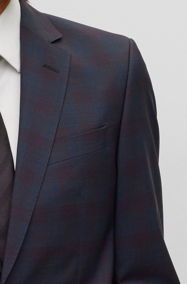BOSS Slim-Fit Navy/Wine Subtle Check Pattern Suit in Virgin Wool