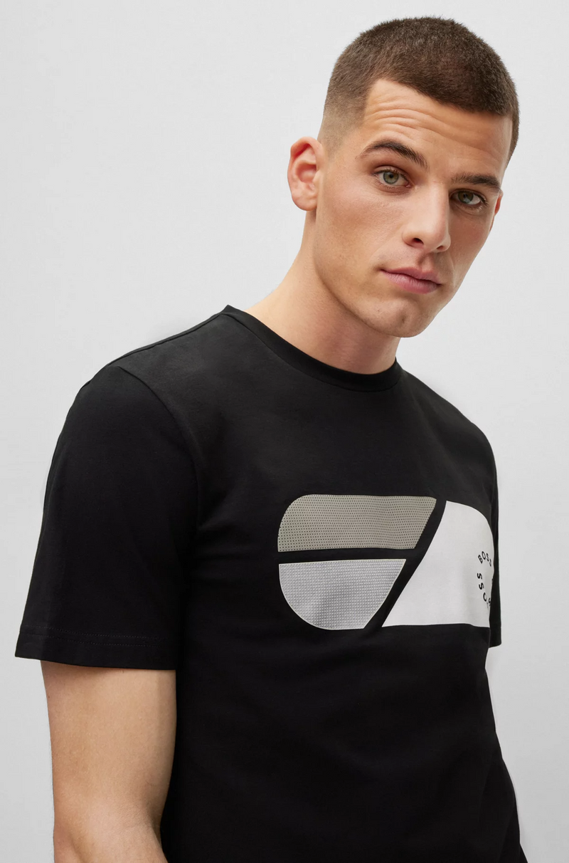 BOSS Stretch Cotton T-Shirt with Artwork Logo in Black