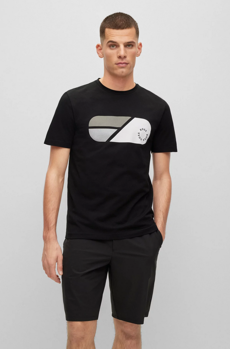BOSS Stretch Cotton T-Shirt with Artwork Logo in Black
