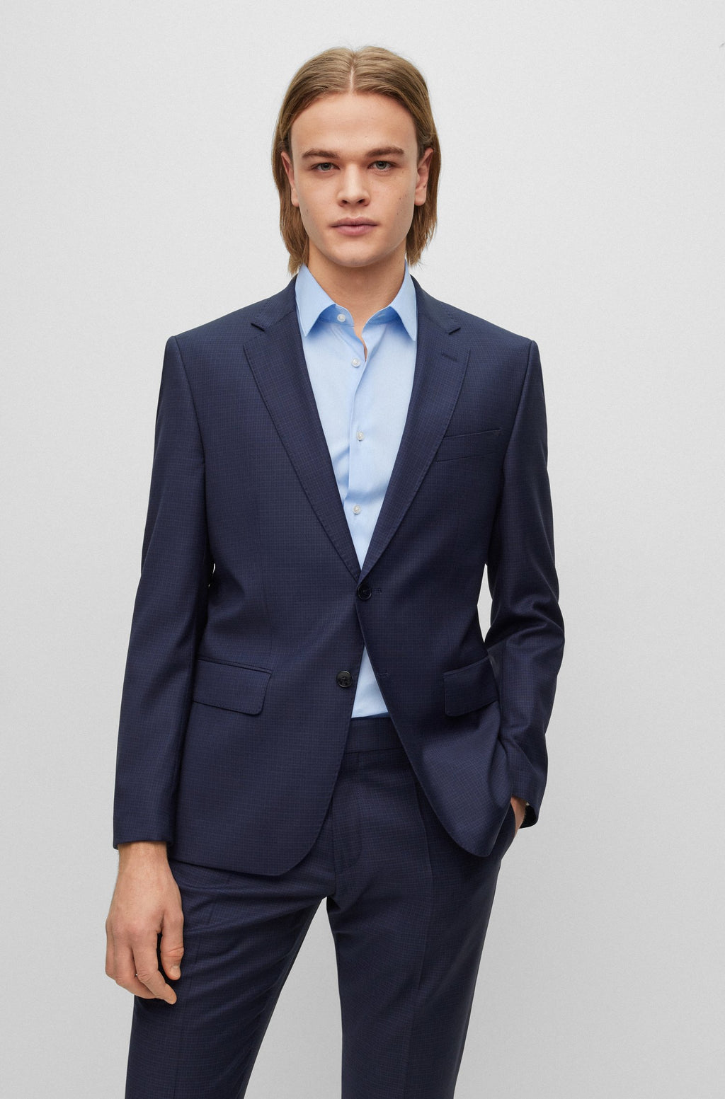 Small Patterned Suits BOSS Slim-Fit Small Check Patterned Navy Suit – Faded Soul