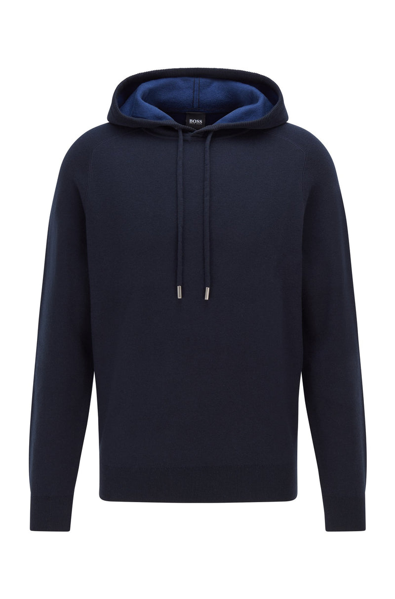 BOSS Wool Cotton Contrast Hooded Sweater in Dark Blue