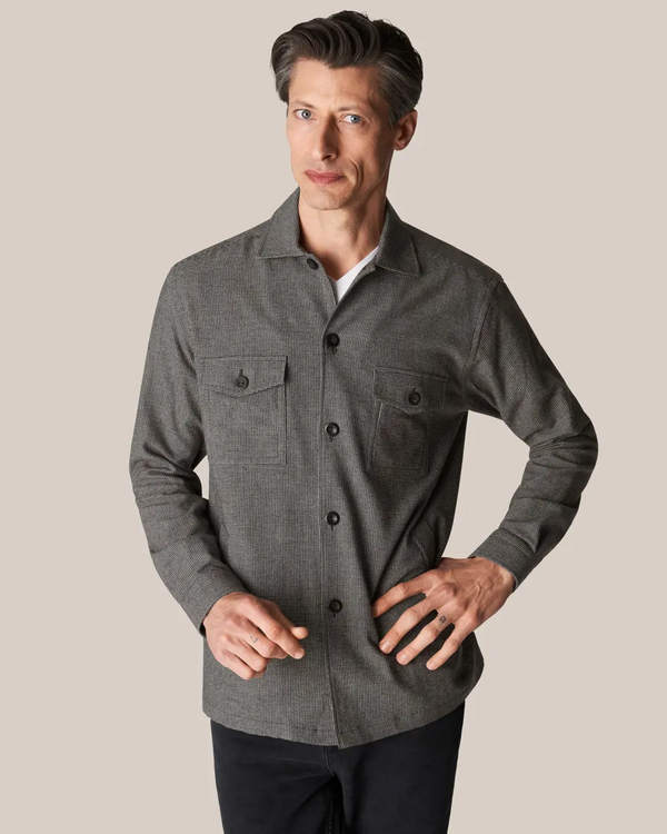 Light Gray Houndstooth Cotton-Wool-Cashmere Flannel Overshirt